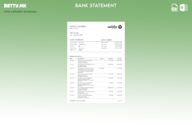 Модерен стил на Камбоџа ACLEDA шаблон за извод од банкарска сметка